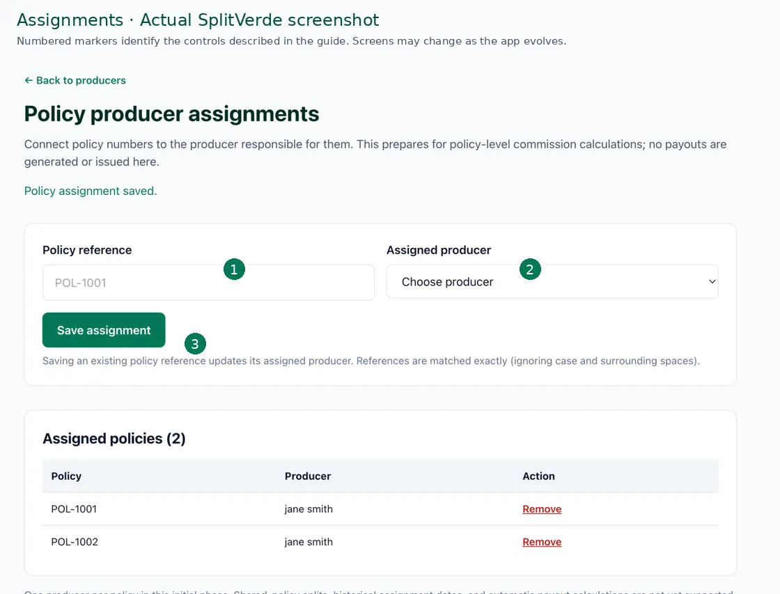 Annotated actual SplitVerde screenshot of Policy assignments