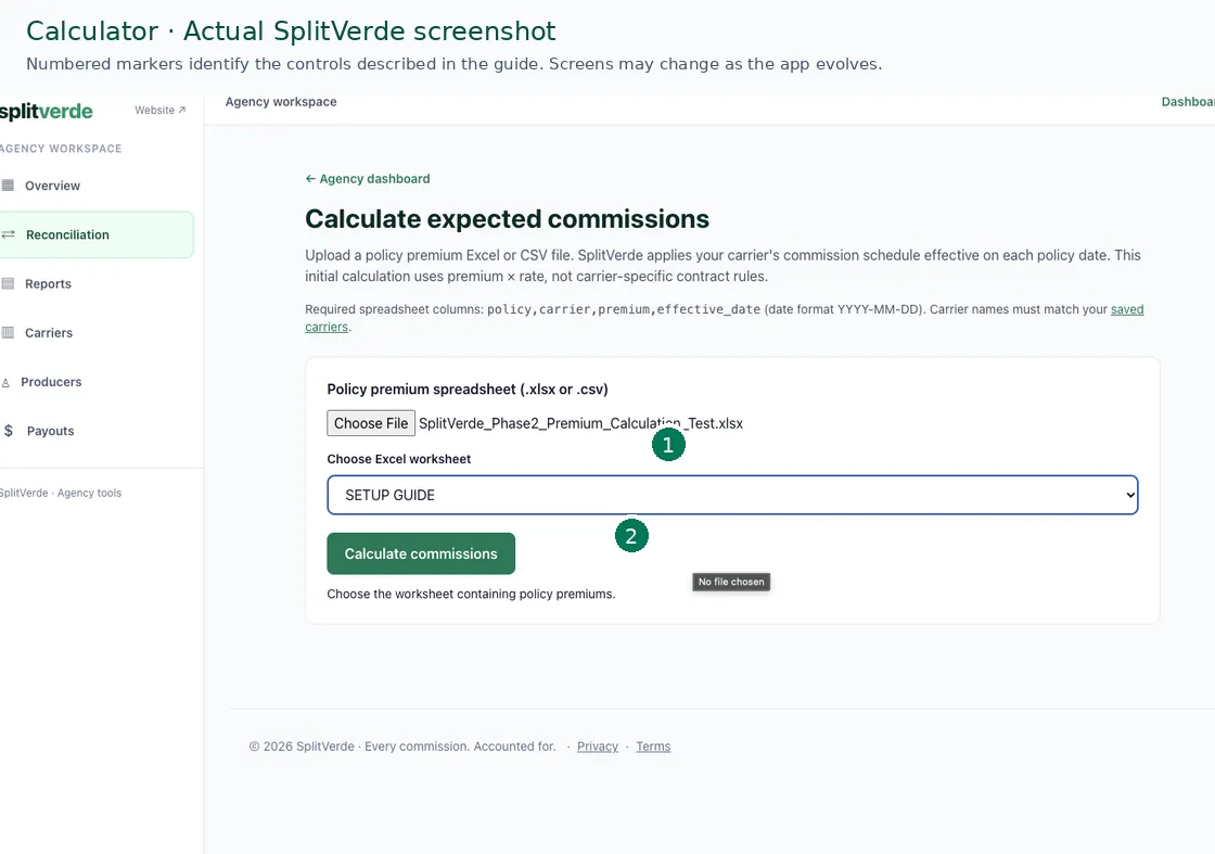Annotated actual SplitVerde screenshot of Commission calculator