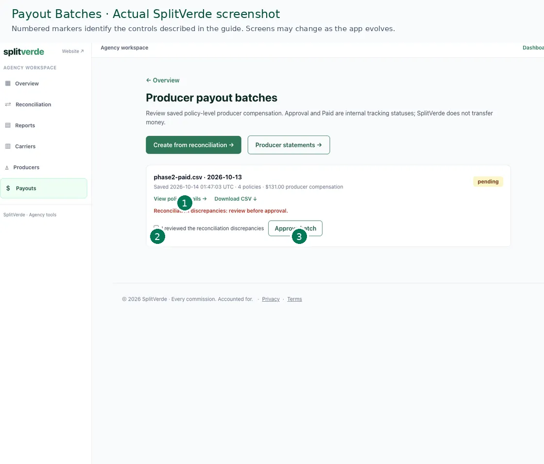 Annotated actual SplitVerde screenshot of Payout batches