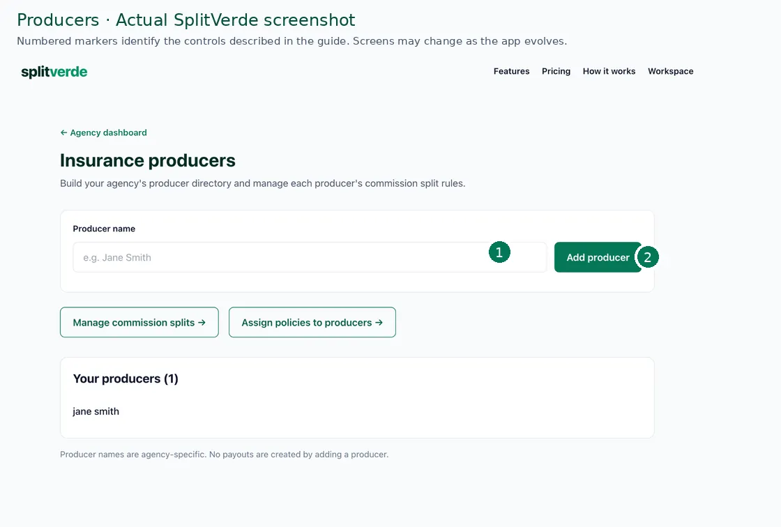 Annotated actual SplitVerde screenshot of Producer directory