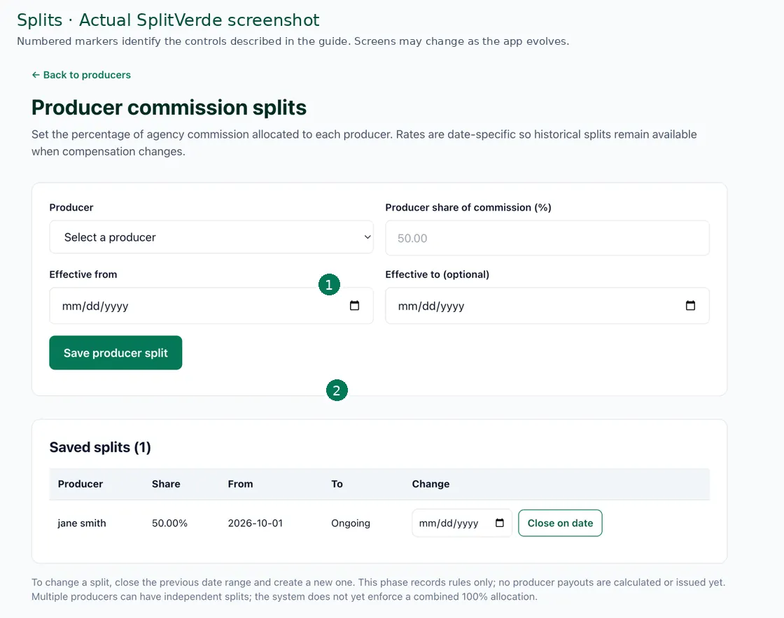 Annotated actual SplitVerde screenshot of Commission splits