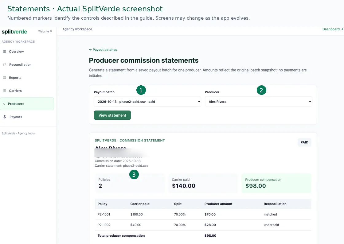 Annotated actual SplitVerde screenshot of Producer statements